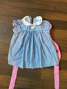 The Beaufort Bonnet Company Blue and White Striped Dress with Pink Sash